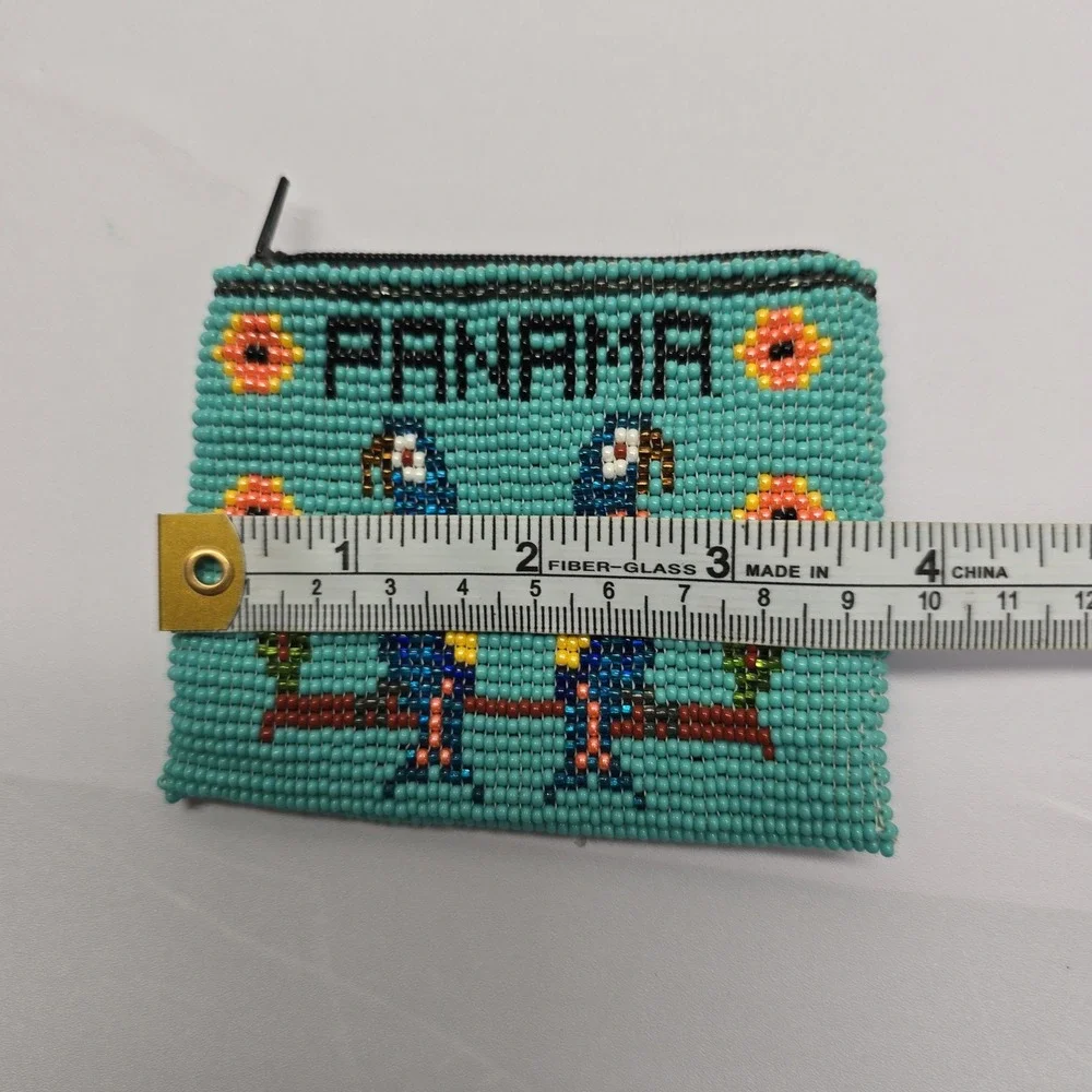 Panama Beaded Coin Purse Teal Blue Parrot Bird Seed Bead Zipper Pouch Wallet